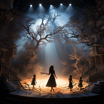 Imagine a stage washed in subdued light, where larger-than-life shadows are cast on a massive, cream-colored screen.