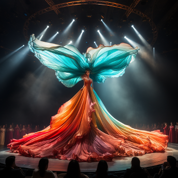 Visualize a young performer suspended high above the ground, held aloft by vibrant, flowing silks. 